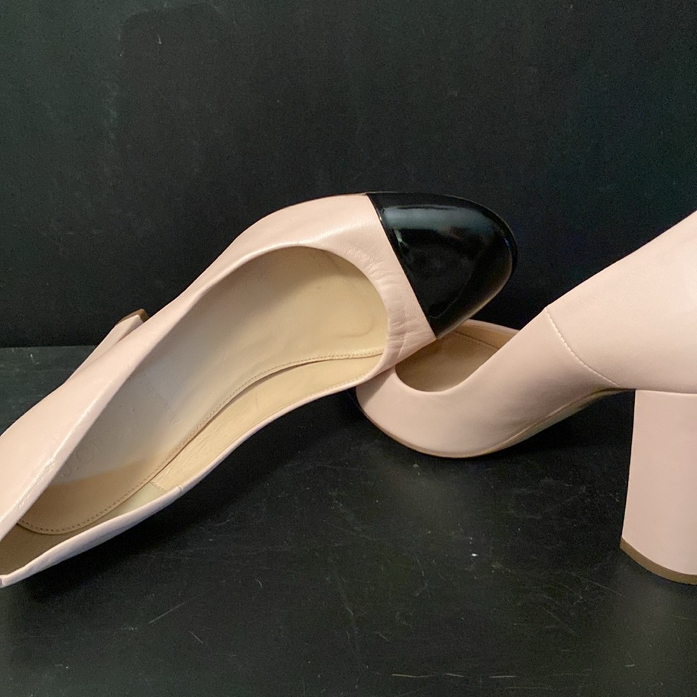 J. Crew Lena Faded Blush Leather Black Cap Toe Pump Sz 38/7.5 Block Heels Italy - Picture 4 of 8